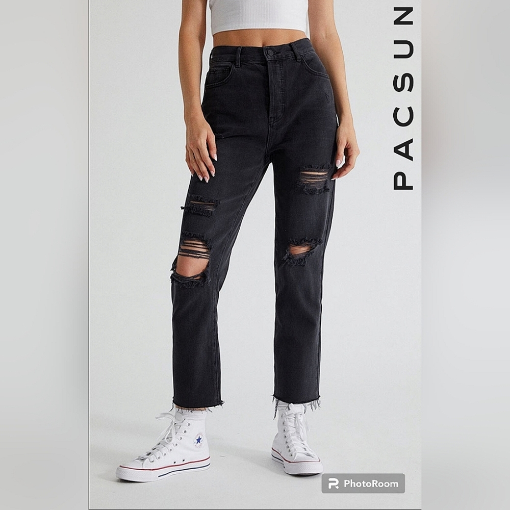 PACSUN Black High Waisted Straight Leg Jeans Raw Ripped Distressed Womens